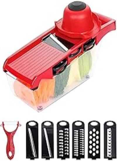 اشتري Mandoline Slicer-6 in 1 Fruit and Vegetable Slicer, Multi Function Veg Cutter, Interchangeable Stainless Steel with Food Container, Peeler, Hand Protector, Julienne Slice for Potato Tomato Onion في مصر