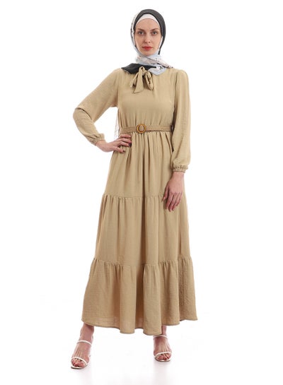 Buy Tiered Plain Beige Dress With Removable Belt in Egypt
