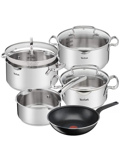 Buy TEFAL DUETTO PLUS 7-Piece Pot Set Stainless Steel Suitable for all types Measuring Scale On The Inside of The Pot Suitable for Induction Oven and Dishwasher Safe With Issencia 28cm Wok Pan in UAE