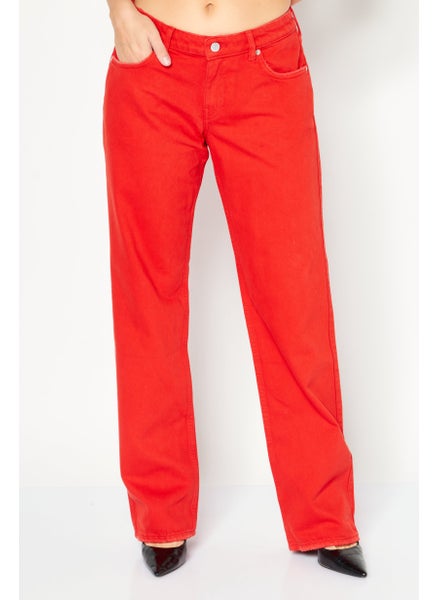 Buy Women Regular Fit Solid Non Stretchable Wide Leg Denim Jeans, Red in Saudi Arabia