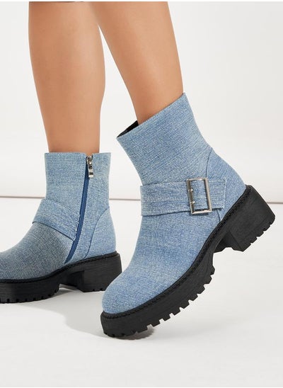 Buy Denim Look Buckle Detail Biker Ankle Boots in Saudi Arabia