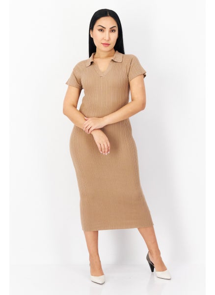 Buy Women Ribbed Midi Dress, Tan in UAE