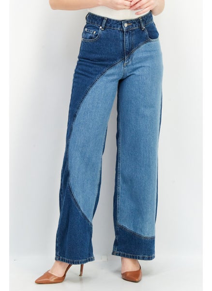 Buy Women Wide Leg Color Block Non-Stretchable Denim Jeans, Blue in UAE