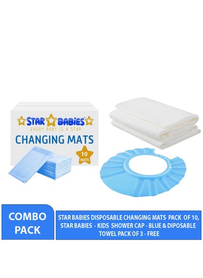 Buy Combo Pack Pack Changing Mat 10Pcs Disposable Towel 3Pcs Shower Cap Blue in UAE