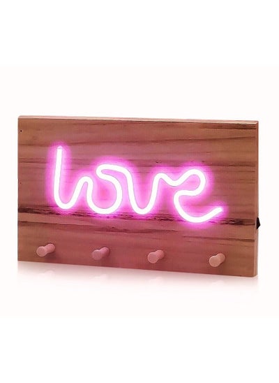 اشتري Wooden Key Hooks Holder for Wall Mount with Neon LOVE Sign LED Light 35x17cm في الامارات