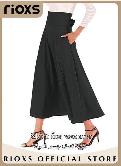 Buy Women's Casual High Waist A-Line Skirt Pleated Slim Fit Lace Up Maxi Skirt With Pockets in Saudi Arabia