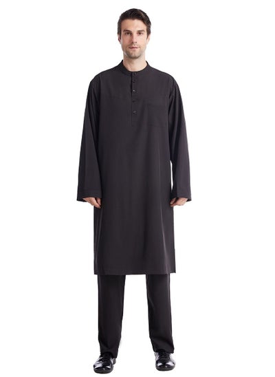 Buy Men's Solid Color Round Neck Long Sleeve Abaya Robe Set Islamic Arabic Casual Kaftan Set Black in UAE