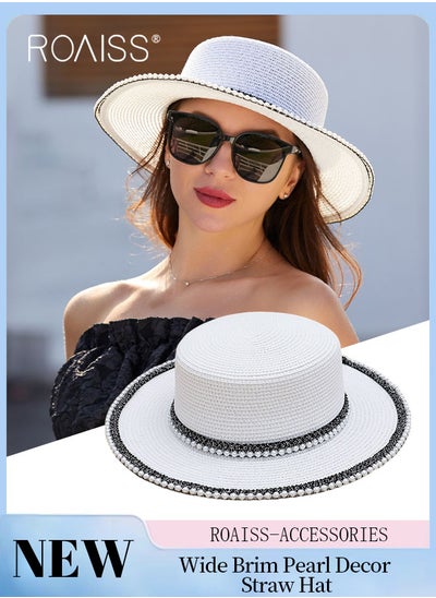 Buy Classic Flat Top Straw Hat for Women Summer Beach Hat Vacation Sunshade Sunscreen Woven Hat Pearl Decoration Sun Hat Fashion Accessories in UAE