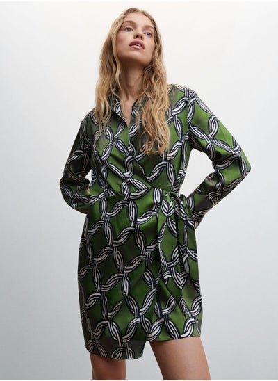 Buy Tie Detail Printed Collar Neck Dress in Saudi Arabia