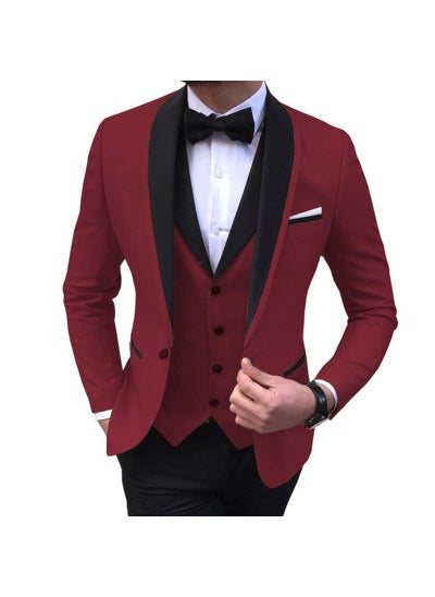 Buy Mens Slim Fit Suit Wedding Fashion Set Wine red in UAE