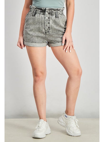 Buy Women Stretchable Button Detail Shorts, Washed Grey in UAE