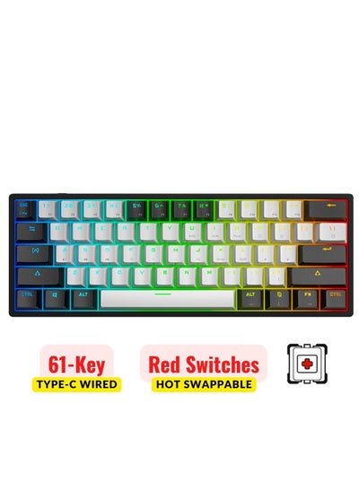 Buy Mechanical Keyboard 61 Keys PBT Translucent Dual-Color Injection Keycaps RGB Backlight Detachable Type-C 60% Wired Gaming Keyboard Black/White - Red Switch in UAE