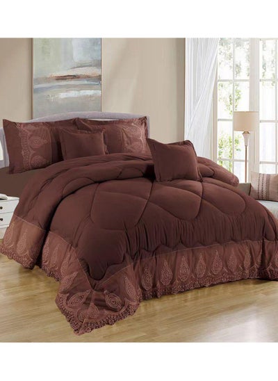 Buy COMFY 6 PC EMBROIDERY LACE COTTON SOFT KINGSIZE COMFORTER SET BROWN in UAE