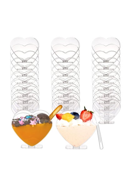 اشتري 50 Pack 80ml Plastic Mini Dessert Cup with Spoon, Clear Parfait Appetizer Heart-shaped Small Serving Bowl for Cakes, Ice Cream, Tasting, Party, Buffet, Wedding في السعودية