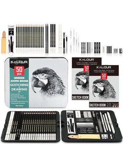 Buy KALOUR 52-Pack Sketch Drawing Pencils Kit with Two Sketchbook,Tin Box,Include Graphite,Charcoal and Artists Tools for Adults Beginner Kids in Saudi Arabia