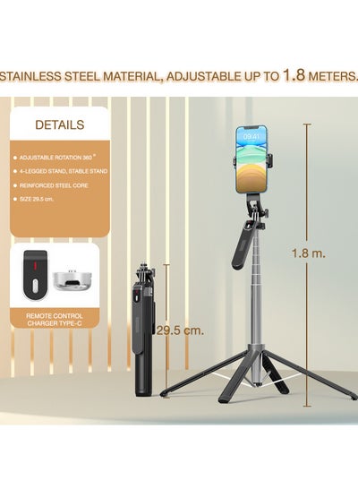 Buy Selfie Stick Tripod  Extendable Rod with Wireless Remote and Phone Clip,1.8 m, Stainless steel material Lightweight Portable for iPhone/Android , P180 in Saudi Arabia