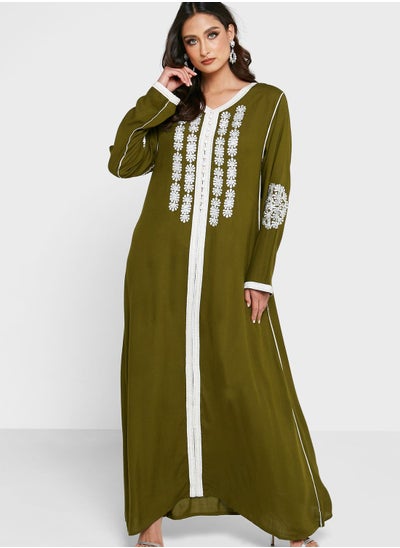 Buy Contrast Detail Embroidered Jalabiya in Saudi Arabia