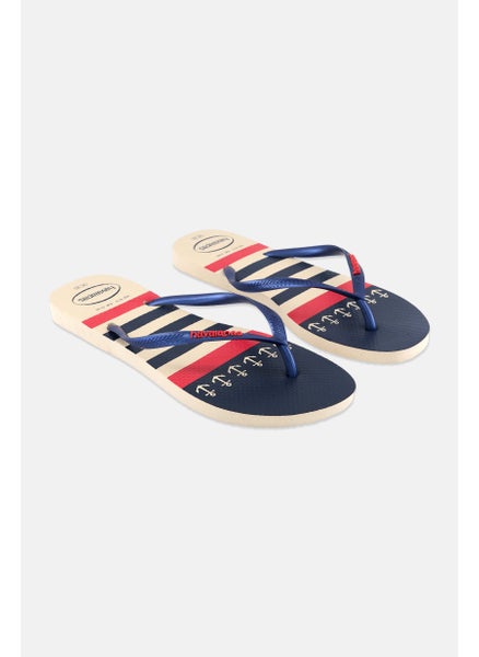 Buy Women Stripe Print Slip On Slippers, Beige/Navy Blue in Saudi Arabia