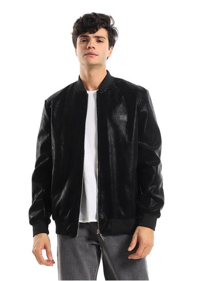 اشتري Black Textured Leather Zipper Closure Lightweight Jacket في مصر