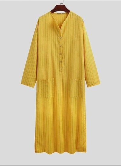 اشتري Men's Muslim Stripe Pattern Loose Robe Thobe Long Sleeve Side Split Kaftan Yellow في الامارات