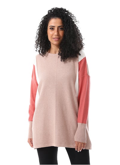 Buy Tri-Tone Round Collar Striped wide Pullover_Coral, Latte Beige & White in Egypt