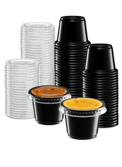 اشتري 100PC 1 Ounce Plastic Disposable Portion Cup Containers with Lid Sauce Jello Shot Soufflé Sampling Cups Black في الامارات