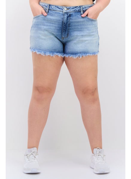 اشتري Women Plus Size High Rise Frayed Hem Mom Shorts, Blazing Wash في الامارات