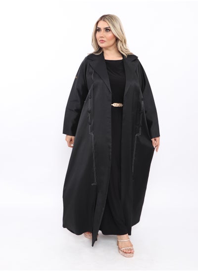 اشتري Abaya woven from Korean Sala taffeta and decorated with threads on the front and back and wrap buttons في السعودية