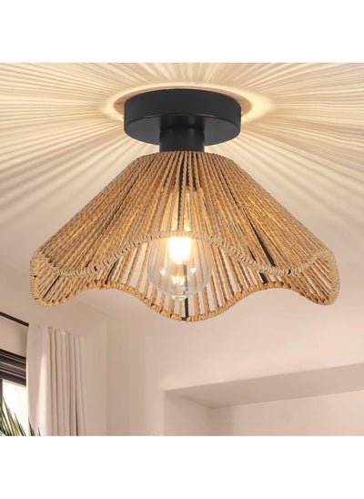 Buy Boho Rattan Ceiling Light, 30.5cm Vintage Rattan Ceiling Lamp Fixture with Handwoven Shade, E27 60W Chandelier for Dining Room, Bedroom, Hallway in UAE