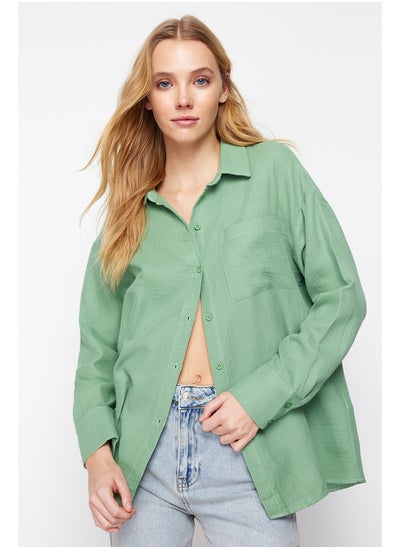 Buy Green Buttoned Rollable Sleeve Detailed Oversize Muslin Woven Shirt TWOSS24GO00060 in Egypt