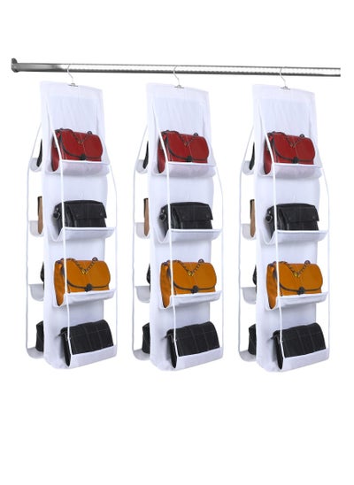 اشتري 3 Pack Hanging Handbag Purse Organizer, Closet Space Saving Organizers, 8 Pockets with Metal Hooks Purse Hanger, Suitable for Closet Foldable Shelf Bag Storage Holder (White) في الامارات