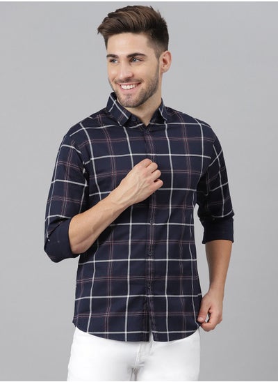 Buy Slim Fit Navy Blue Casual Spread Shirt - 100% Cotton in UAE