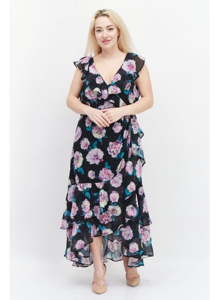 Buy Women Floral Print Midi Dress, Black Combo in Saudi Arabia