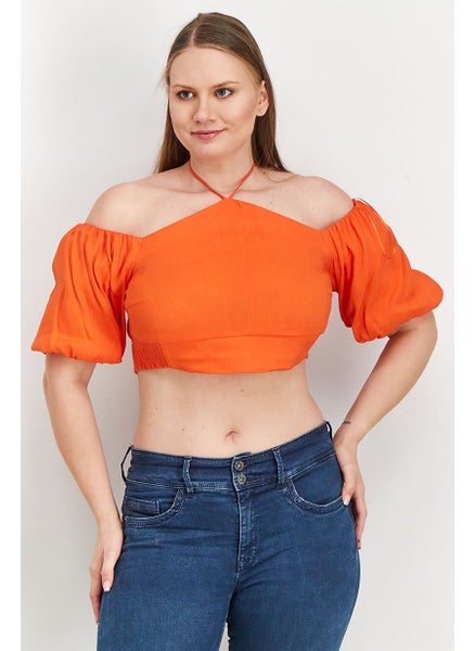 Buy Women Halter Neckline Puffed Sleeve Textured Crop Top, Orange in UAE