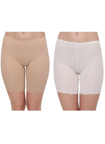 Buy Women's Cotton Seamless Cycling Shorts/Under Skirt Shorts, (Pack Of 2), White/Beige in UAE