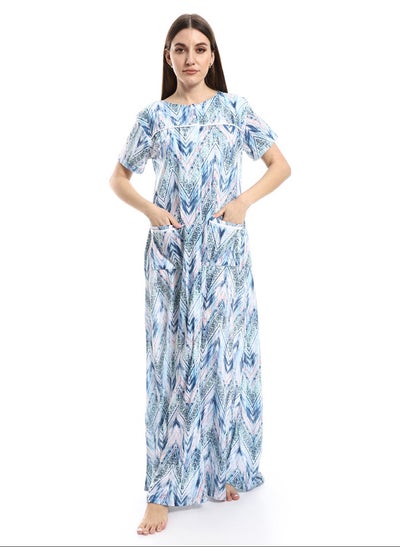 اشتري Multi-Patterned Short Sleeves Nightgown - Shades Of Blue_Multicolour في مصر