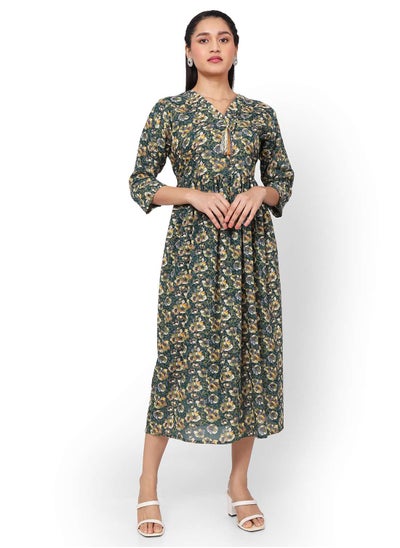 Buy SOFT RAYON FLORAL PRINTED GREEN COLOUR SHORT CASUAL ARABIC KAFTAN JALABIYA DRESS in Saudi Arabia