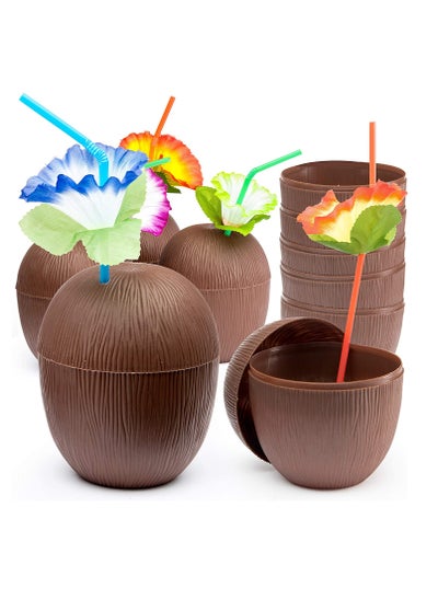 اشتري 18 Pieces Coconut Cups with 18 Pieces of Plastic Colorful Hibiscus Straws for Hawaiian Luau Kids Party Summer Beach Party Tiki and Beach Theme Party Fun Drink or Decoration Cups في الامارات