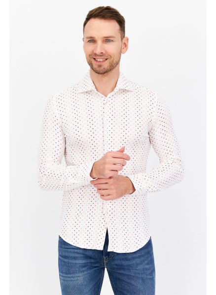 Buy Men Regular Fit Polka Dots Long Sleeve Dress Shirt, White/Red in UAE