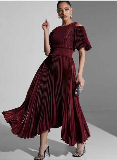 Buy Hadia Ghaleb Cold Shoulder Pleated Dress in Saudi Arabia