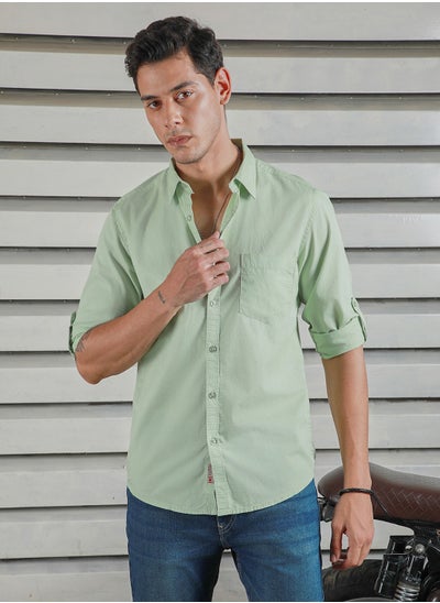 Buy Classic Spread Collar Roll-Up Sleeves Cotton Casual Shirt in UAE