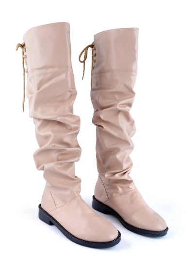 Buy Women Leather Long Boots Tie Back M-70 - Beige in Egypt