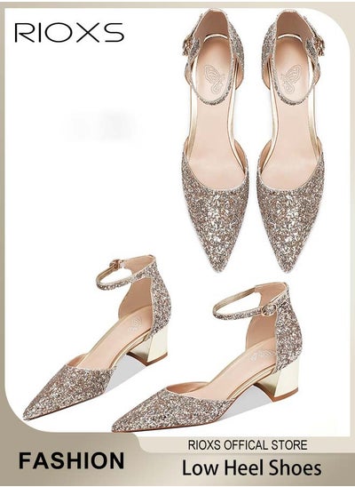 Buy Shiny Rhinestone Chunky Heel Shoes with Adjustable Ankle Straps, Pointed Closed-toe Chunky Low Heel Pumps, Classic Mary Jane Court Shoes with Elegant Lines and Slim Feet, Suitable for Wedding Party or Dating in Saudi Arabia