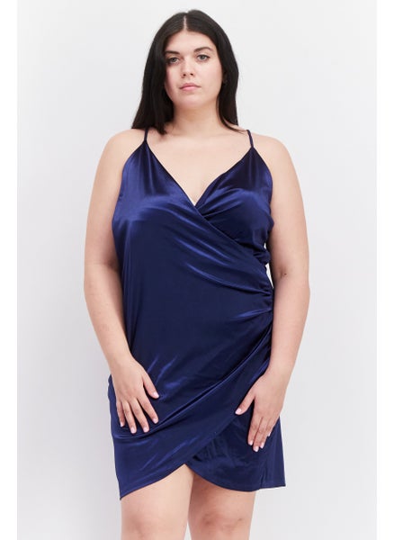 Buy Women Plus Size Solid Mini Wrap Dress, Navy Blue in UAE