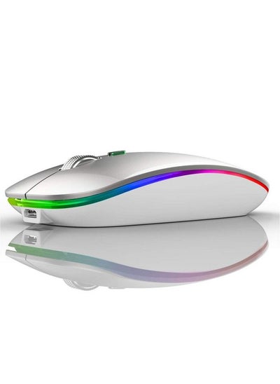 اشتري Wireless Bluetooth Mouse Led Slim Dual Mode (Bluetooth 5.1 + Usb) 2.4Ghz Rechargeable Silent Bluetooth Wireless Mouse With Type C Adapter For Laptop Macbook Ipad Os 13 And Above (Silver) في السعودية