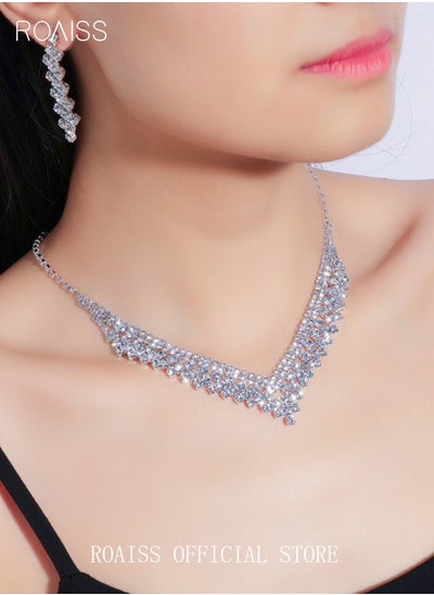 اشتري 3Pcs Rhinestone Jewelry Set Stylish Elegant V Neck Necklace Zircon Earrings Minimalist Gift for Women Ladies Mother Wife Wedding Party Sliver في الامارات