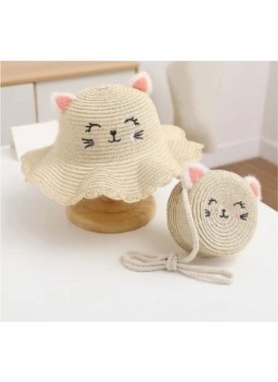 Buy Adorable Kids Summer Straw Hat with Cat Ear Shaped Cap, Smile Face, and Matching Handbag - Wide Brim Girls Straw Sun Hat for Stylish Sun Protection and Playful Adventures in UAE