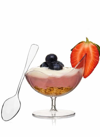 اشتري 24 PCS Dessert Bowls with 100PCS Spoons Plastic Mini Scallop Stem Cup, Clear Hard Appetizer Parfait Serving Bowl, Mousse Bowl Cups, for Desserts, Puddings في السعودية