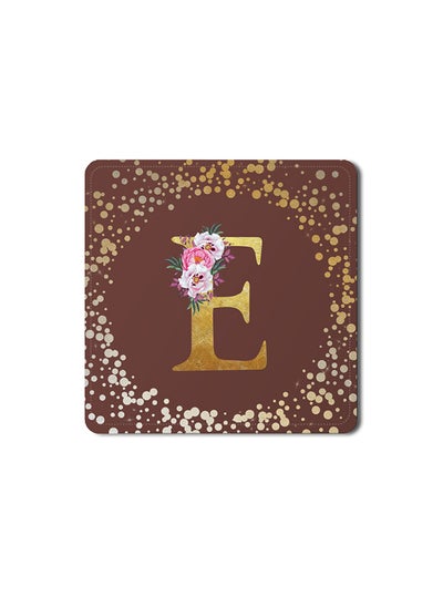 Buy Designer Leather Coasters Mat for Beverage Drinks- Custom Monogram Initial Letter Floral Pattern Alphabet - E (Brown) in UAE