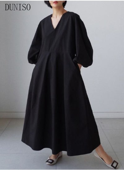 اشتري Women Elegant Casual Summer Autumn Long Dress V Neck Loose Casual Long Sleeve Maxi Dress Long Cardigan Cover Ups Shirt Dresses في السعودية